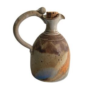 Handmade ceramic pottery signed artisan jug rustic brown tan tones blue glaze